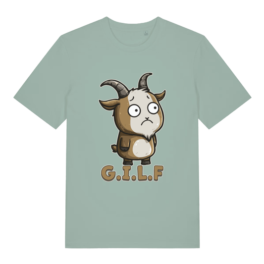 Aloe women's G.I.L.F T-shirt flat lay with cute wide-eyed goat "G.I.L.F" graphic