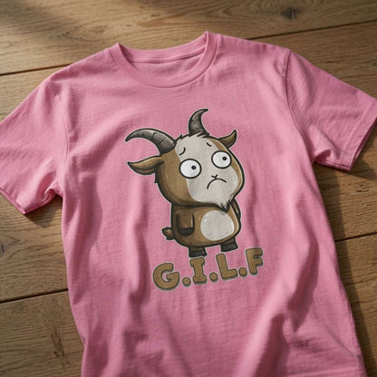 Bubble pink G.I.L.F. t-shirt on wood with sad-eyed goat, fun ladies witty goat pun graphic