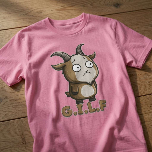 Bubble pink G.I.L.F. t-shirt on wood with sad-eyed goat, fun ladies witty goat pun graphic
