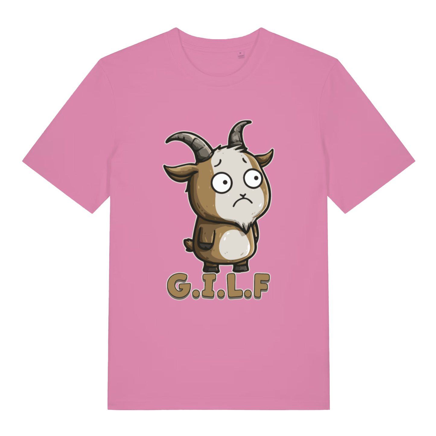 Bubble Pink women's G.I.L.F T-shirt flat lay featuring funny cartoon goat design