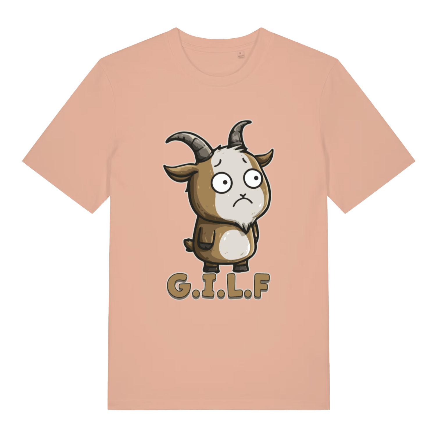 Fraiche Peche women's G.I.L.F T-shirt flat lay showing sad goat "G.I.L.F" slogan