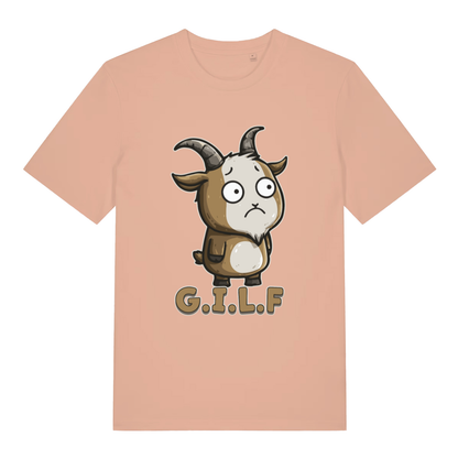 Fraiche Peche women's G.I.L.F T-shirt flat lay showing sad goat "G.I.L.F" slogan