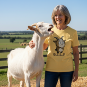 woman with a yellow 'gilf' t-shirt, stood next to a goat that is laughing