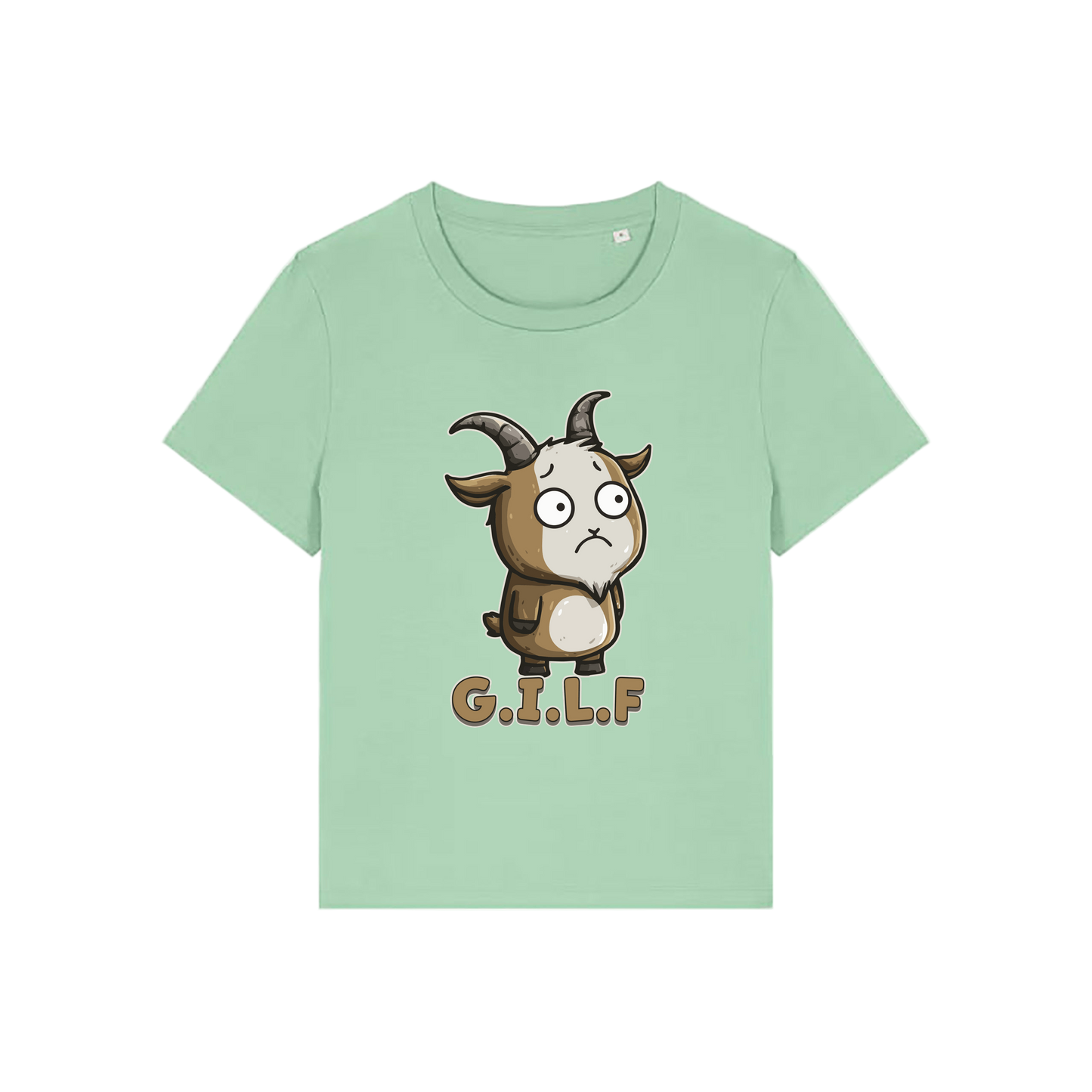 green funny animal t-shirt with the graphic of a goat and the slogan 'GILF'