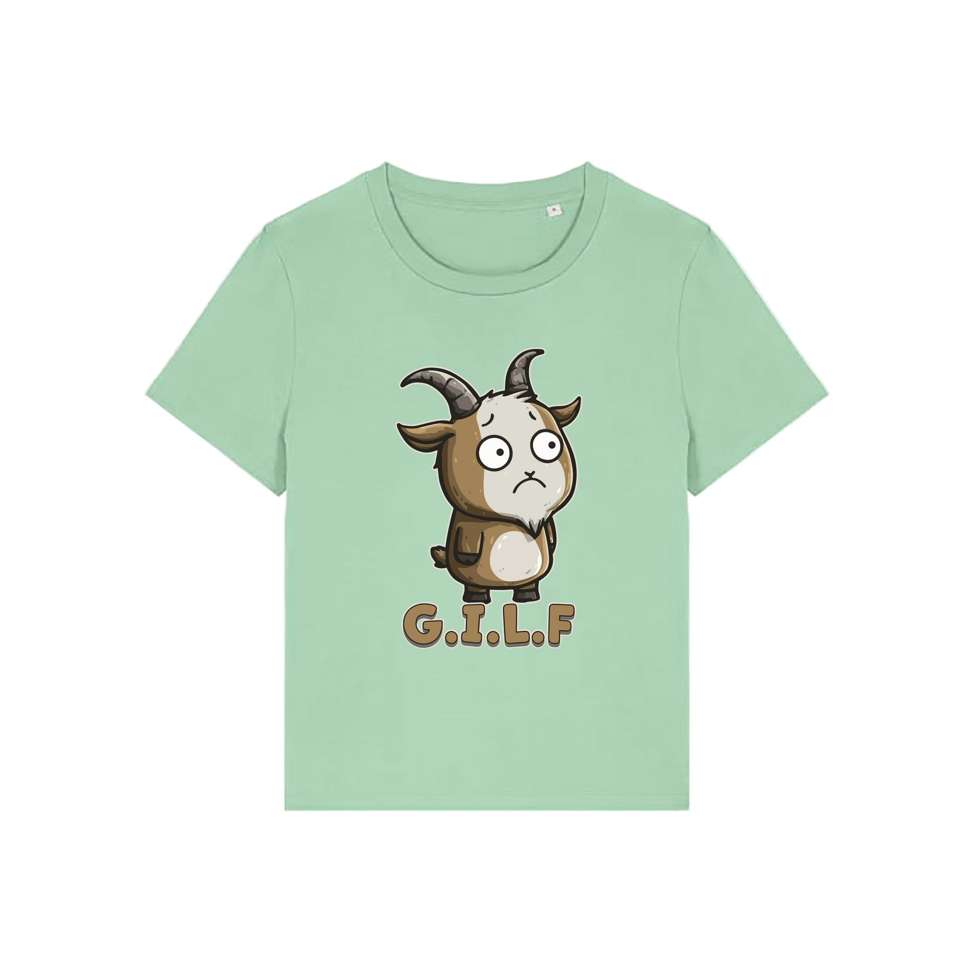 green funny animal t-shirt with the graphic of a goat and the slogan 'GILF'