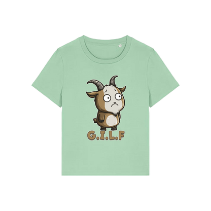 green funny animal t-shirt with the graphic of a goat and the slogan 'GILF'
