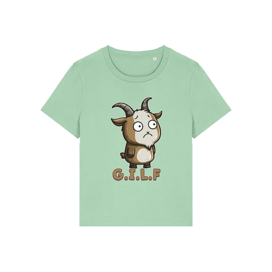green funny animal t-shirt with the graphic of a goat and the slogan 'GILF'