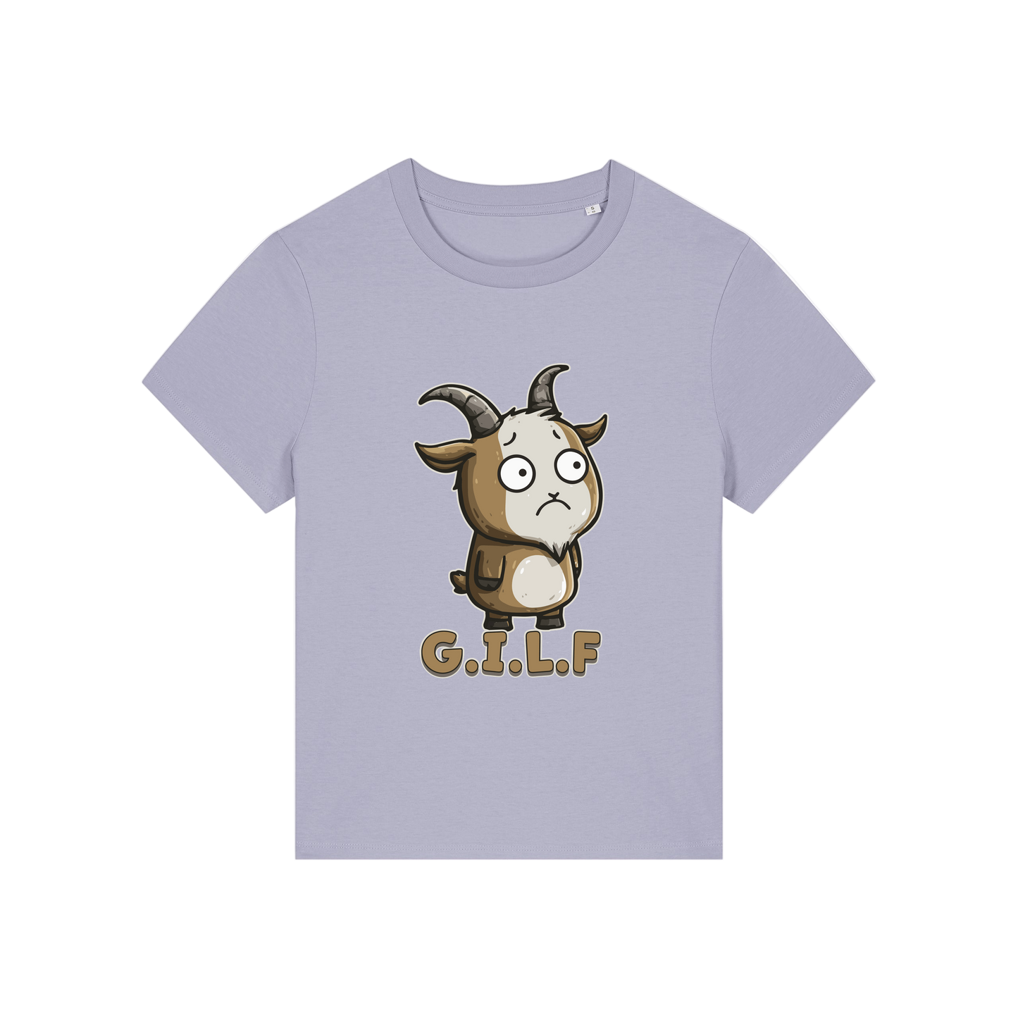 lavender funny animal t-shirt with the graphic of a goat and the slogan 'GILF'
