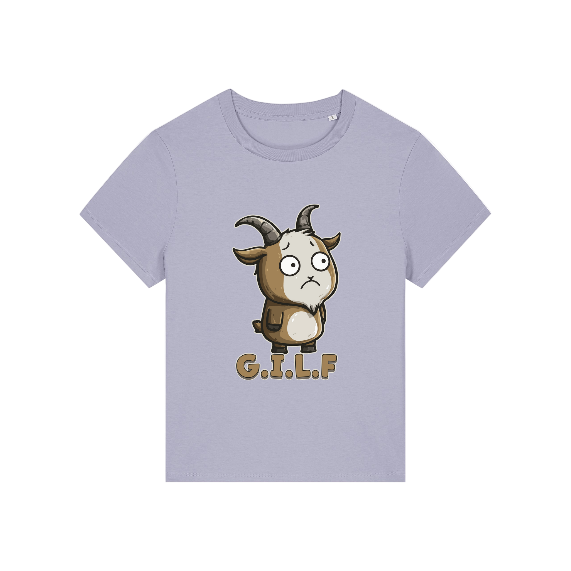lavender funny animal t-shirt with the graphic of a goat and the slogan 'GILF'