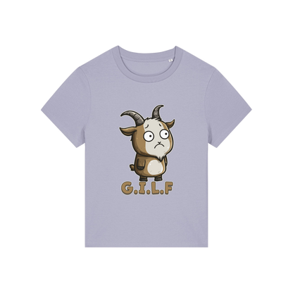 lavender funny animal t-shirt with the graphic of a goat and the slogan 'GILF'