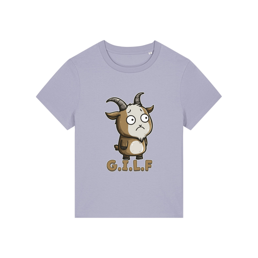 lavender funny animal t-shirt with the graphic of a goat and the slogan 'GILF'