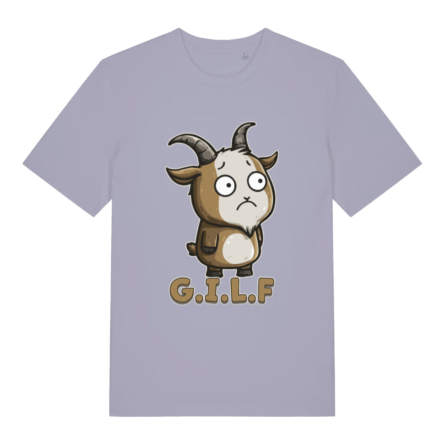 Lavender women's G.I.L.F T-shirt flat lay with adorable goat illustration