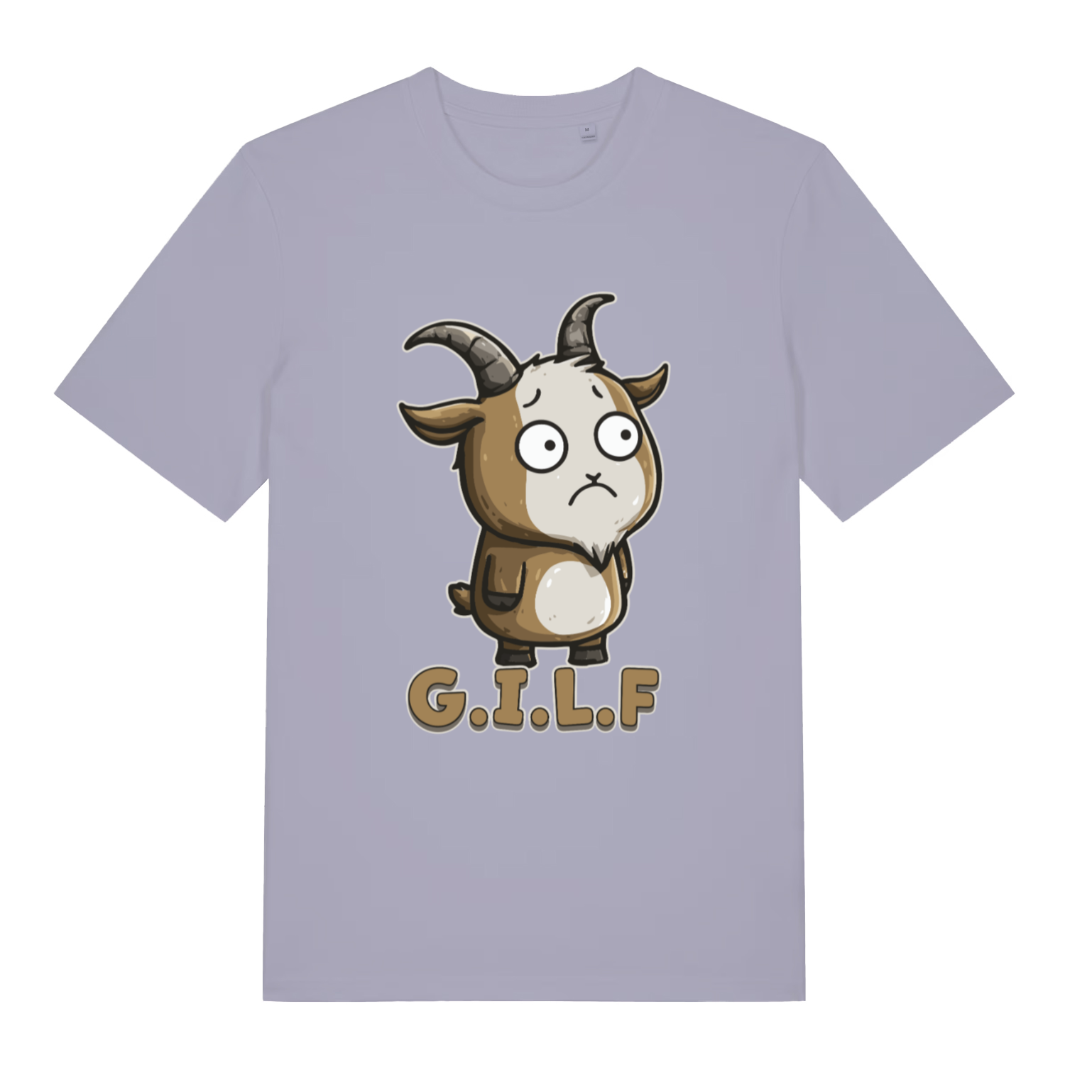 Lavender women's G.I.L.F T-shirt flat lay with adorable goat illustration