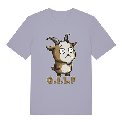 Lavender women's G.I.L.F T-shirt flat lay with adorable goat illustration