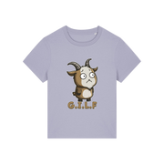 lavender funny animal t-shirt with the graphic of a goat and the slogan 'GILF'