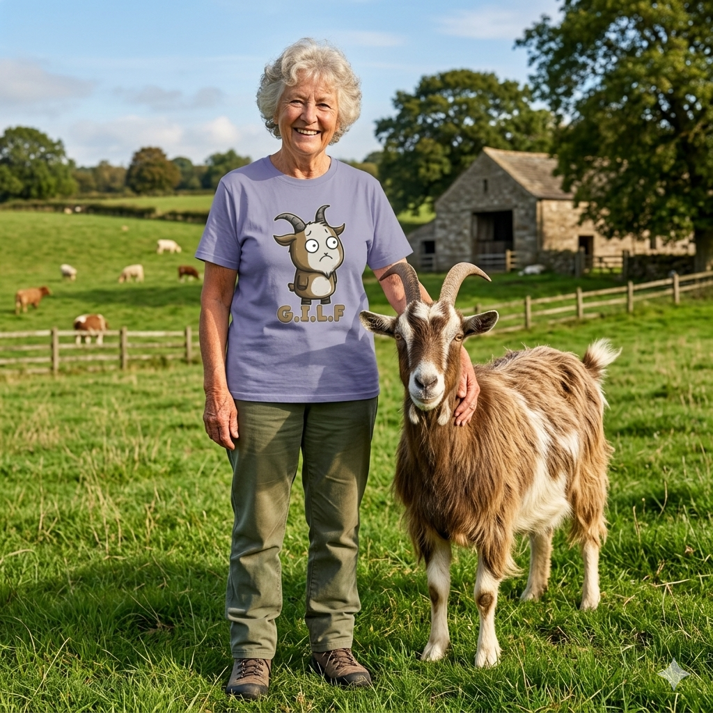 an older lady stood next to a goat in field whilst wearing a lavender coloured t-shirt with a goat design