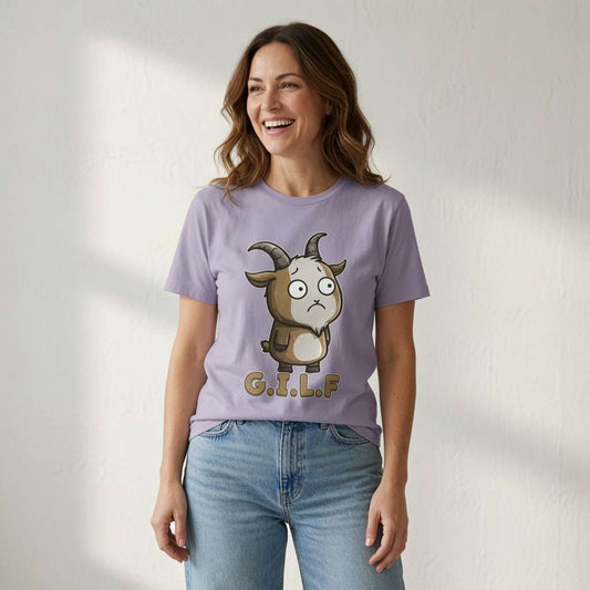 Woman laughing in lavender G.I.L.F. tee, funny goat pun ladies animal