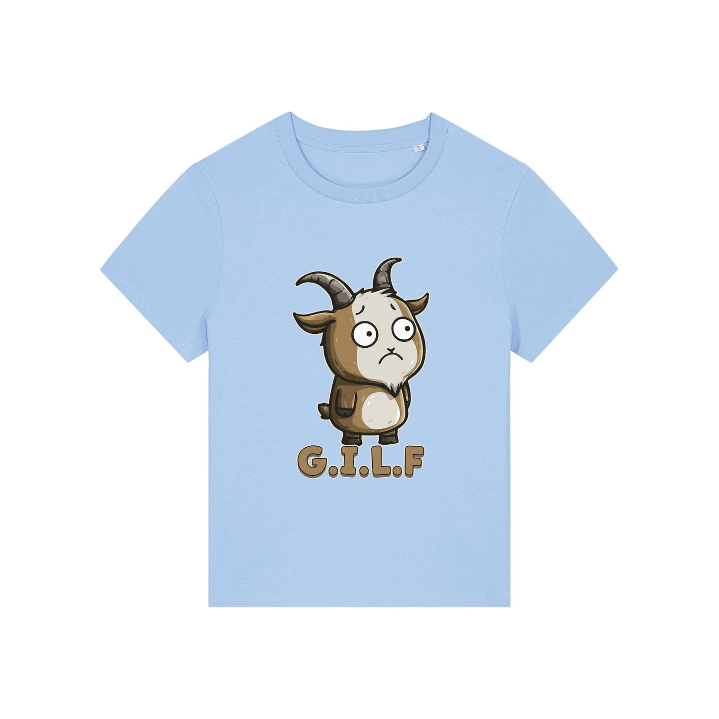light blue funny animal t-shirt with the graphic of a goat and the slogan 'GILF'