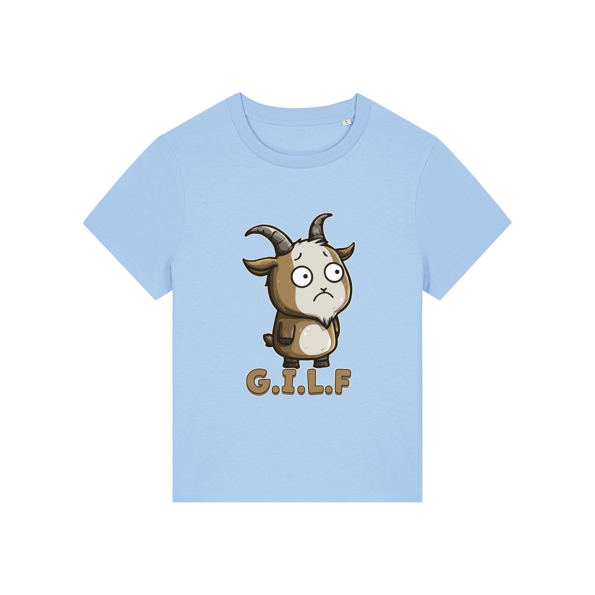 light blue funny animal t-shirt with the graphic of a goat and the slogan 'GILF'