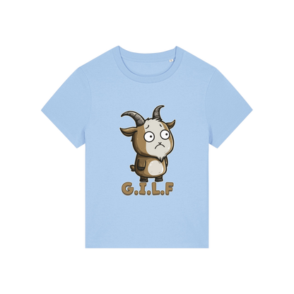 light blue funny animal t-shirt with the graphic of a goat and the slogan 'GILF'