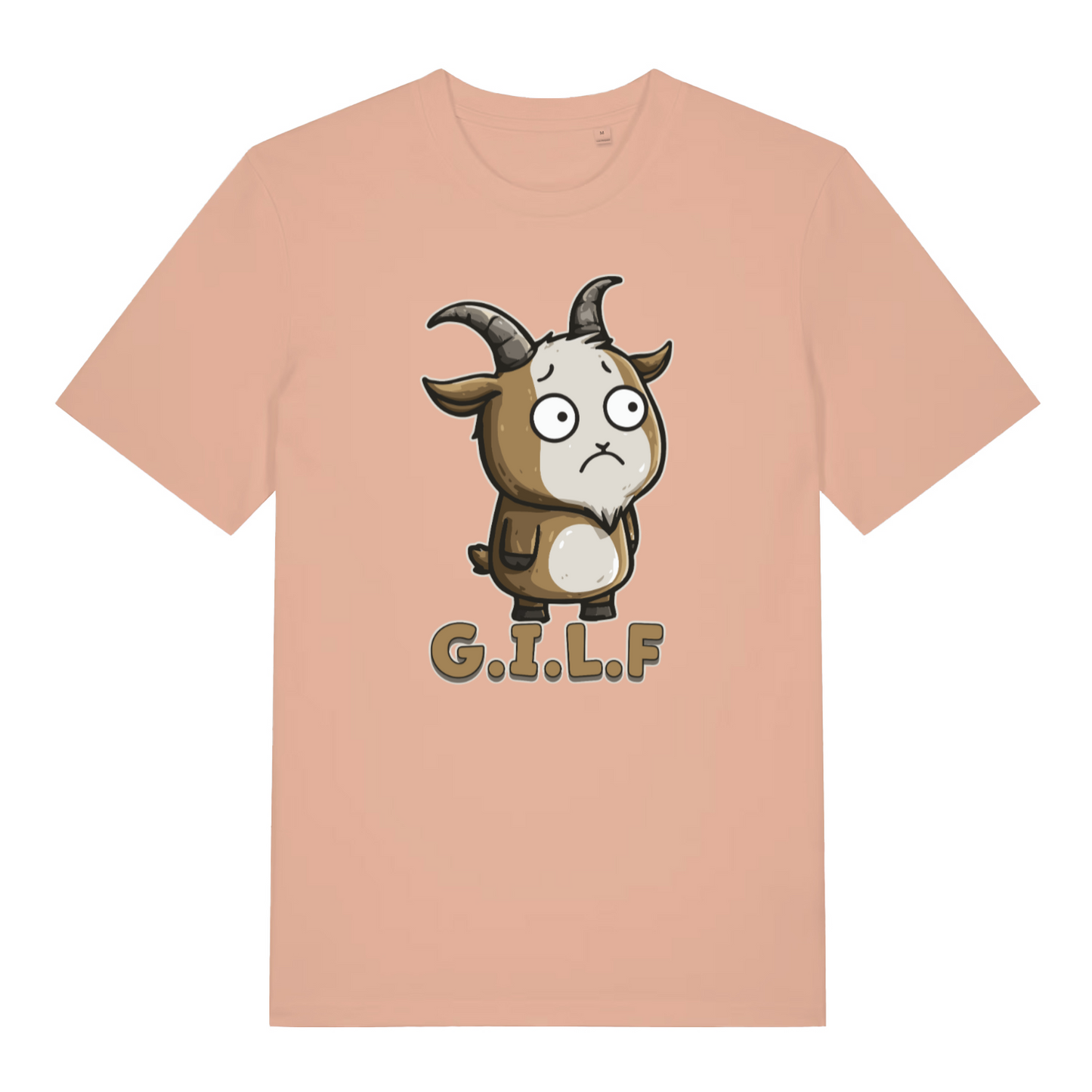 peach women's funny animal t-shirt with the graphic of a cartoon goat and the text 'G.I.L.F'