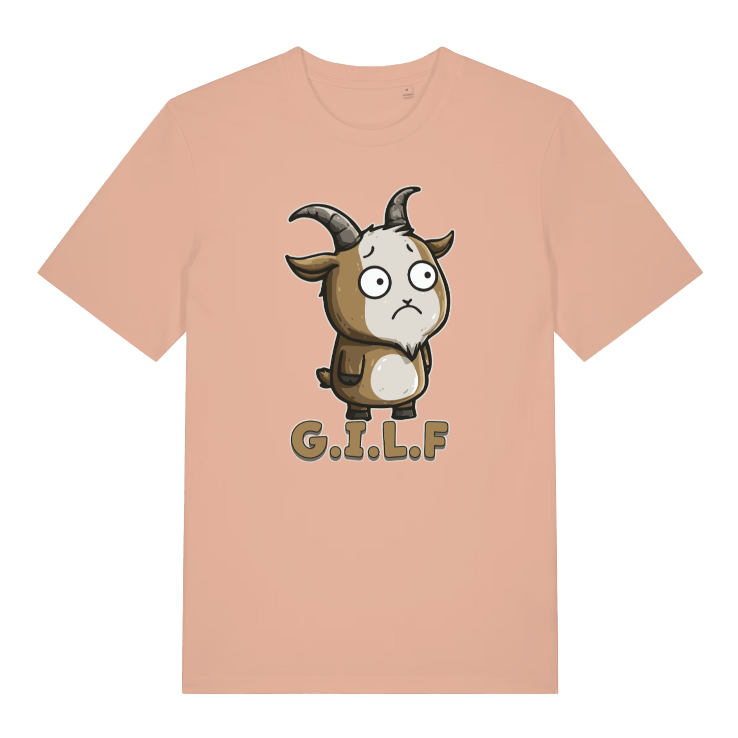 peach women's funny animal t-shirt with the graphic of a cartoon goat and the text 'G.I.L.F'
