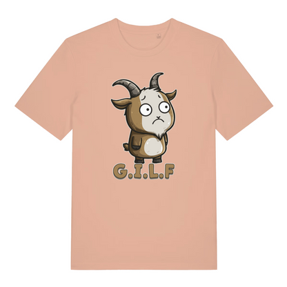 peach women's funny animal t-shirt with the graphic of a cartoon goat and the text 'G.I.L.F'