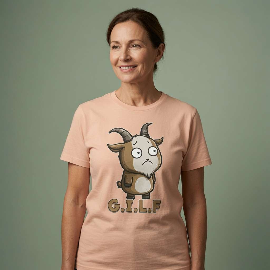 Woman smiling in peche G.I.L.F. t-shirt featuring wide-eyed cartoon goat, funny witty ladies goat pun graphic