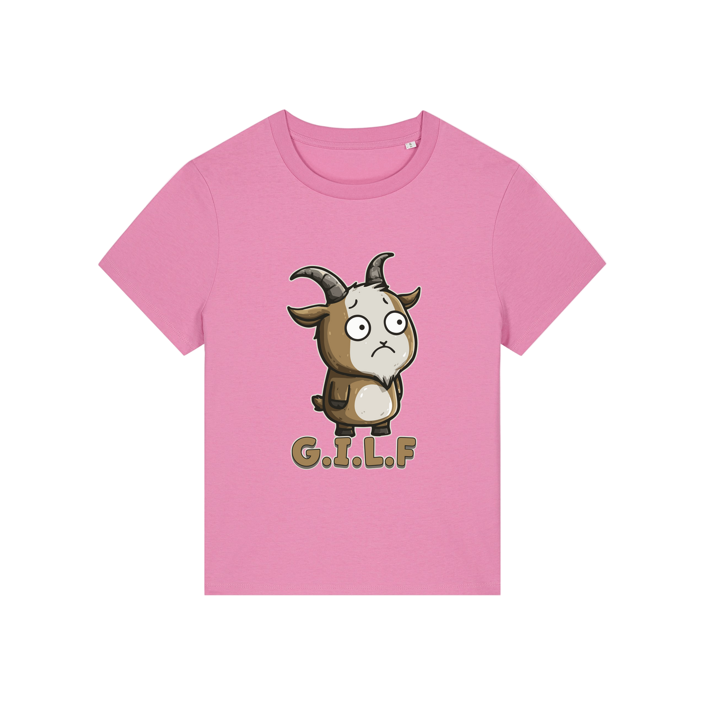 pink funny animal t-shirt with the graphic of a goat and the slogan 'GILF'