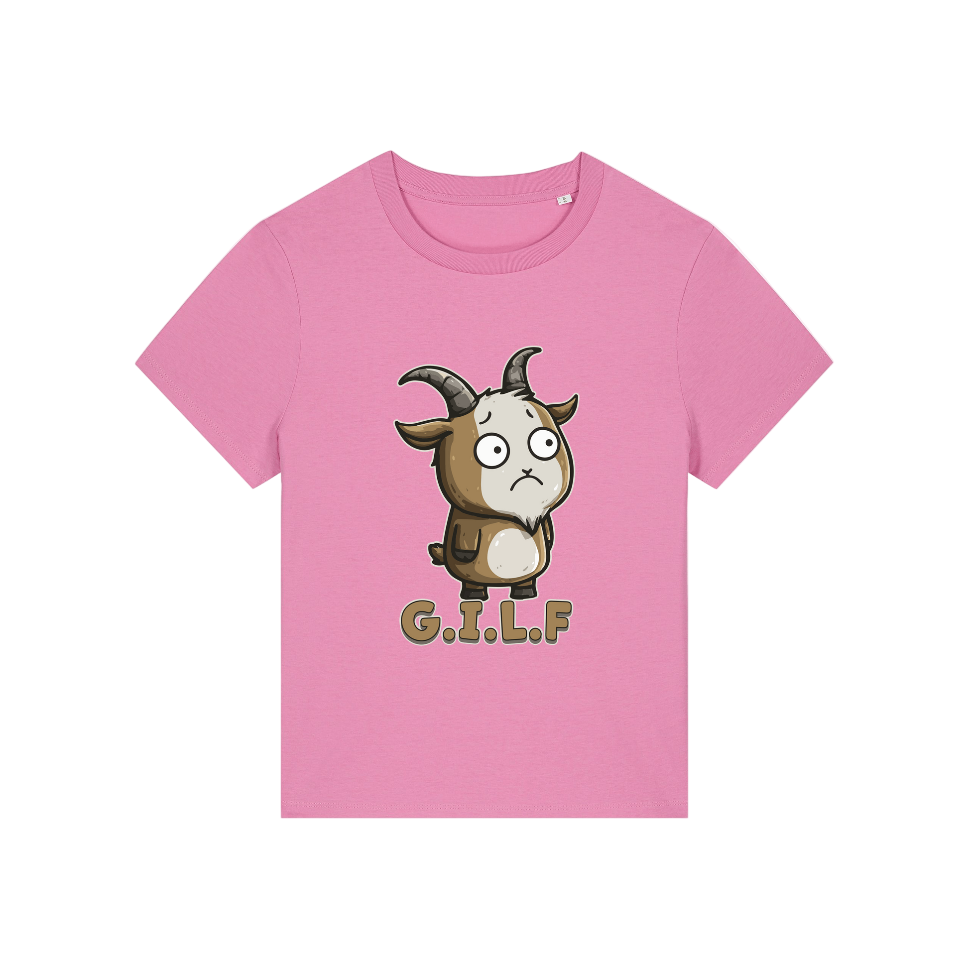 pink funny animal t-shirt with the graphic of a goat and the slogan 'GILF'