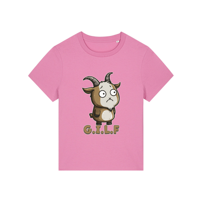 pink funny animal t-shirt with the graphic of a goat and the slogan 'GILF'