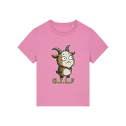 pink funny animal t-shirt with the graphic of a goat and the slogan 'GILF'