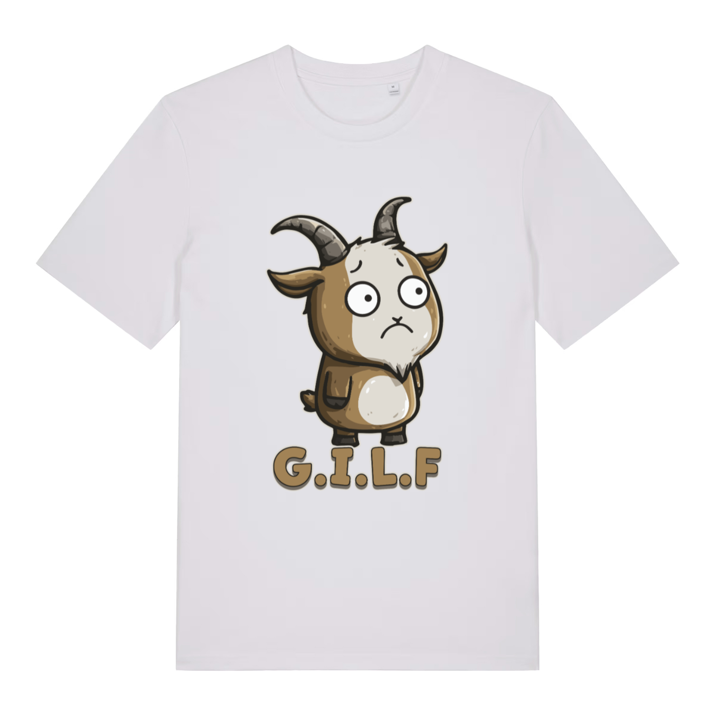 White women's G.I.L.F T-shirt flat lay with cute wide-eyed goat "G.I.L.F"