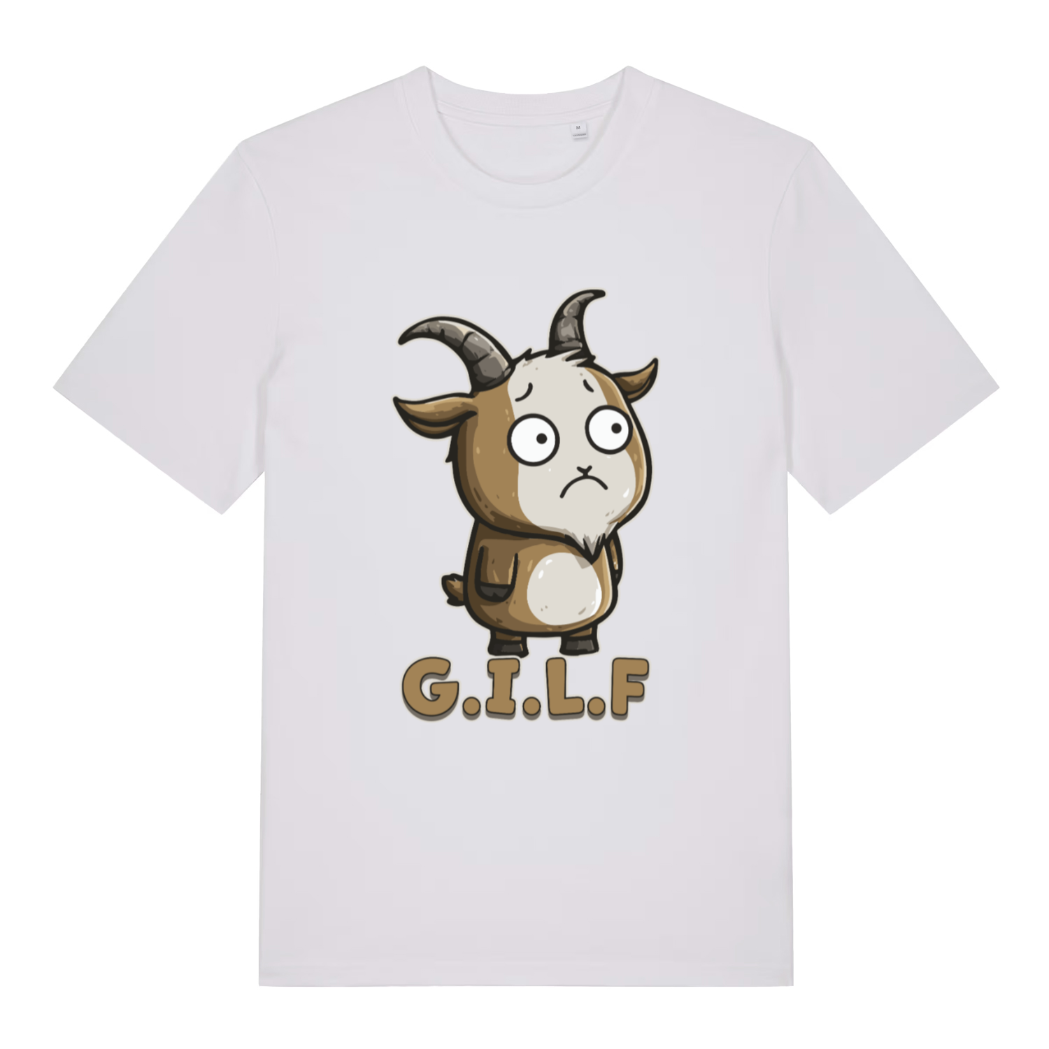 White women's G.I.L.F T-shirt flat lay with cute wide-eyed goat "G.I.L.F"
