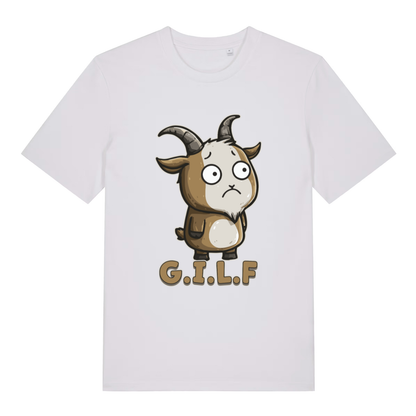 White women's G.I.L.F T-shirt flat lay with cute wide-eyed goat "G.I.L.F"
