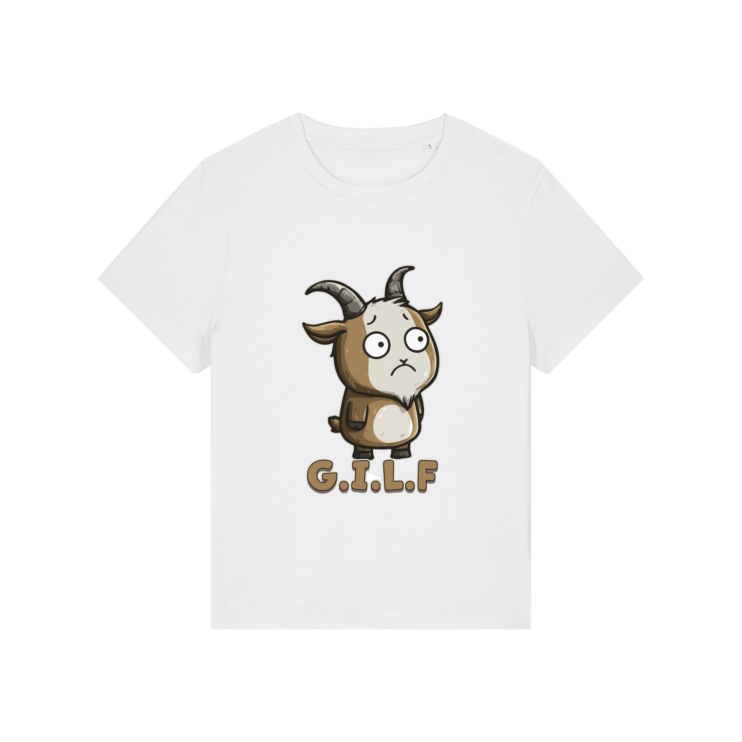 white funny animal t-shirt with the graphic of a goat and the slogan 'GILF'