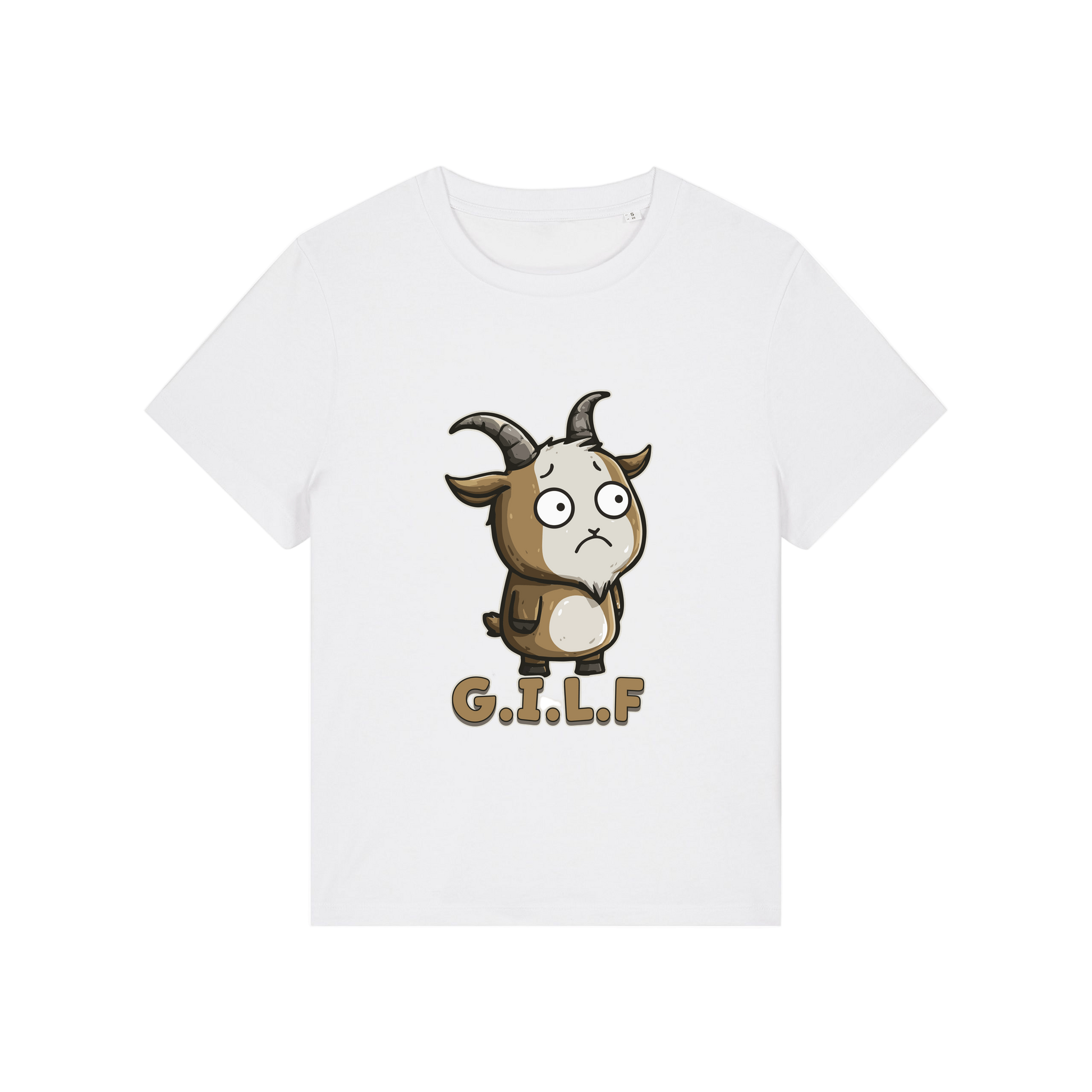 white funny animal t-shirt with the graphic of a goat and the slogan 'GILF'