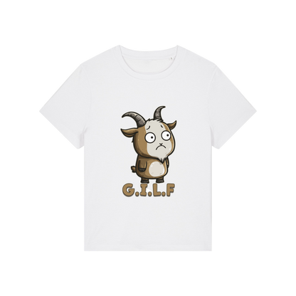 white funny animal t-shirt with the graphic of a goat and the slogan 'GILF'