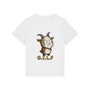 white funny animal t-shirt with the graphic of a goat and the slogan 'GILF'