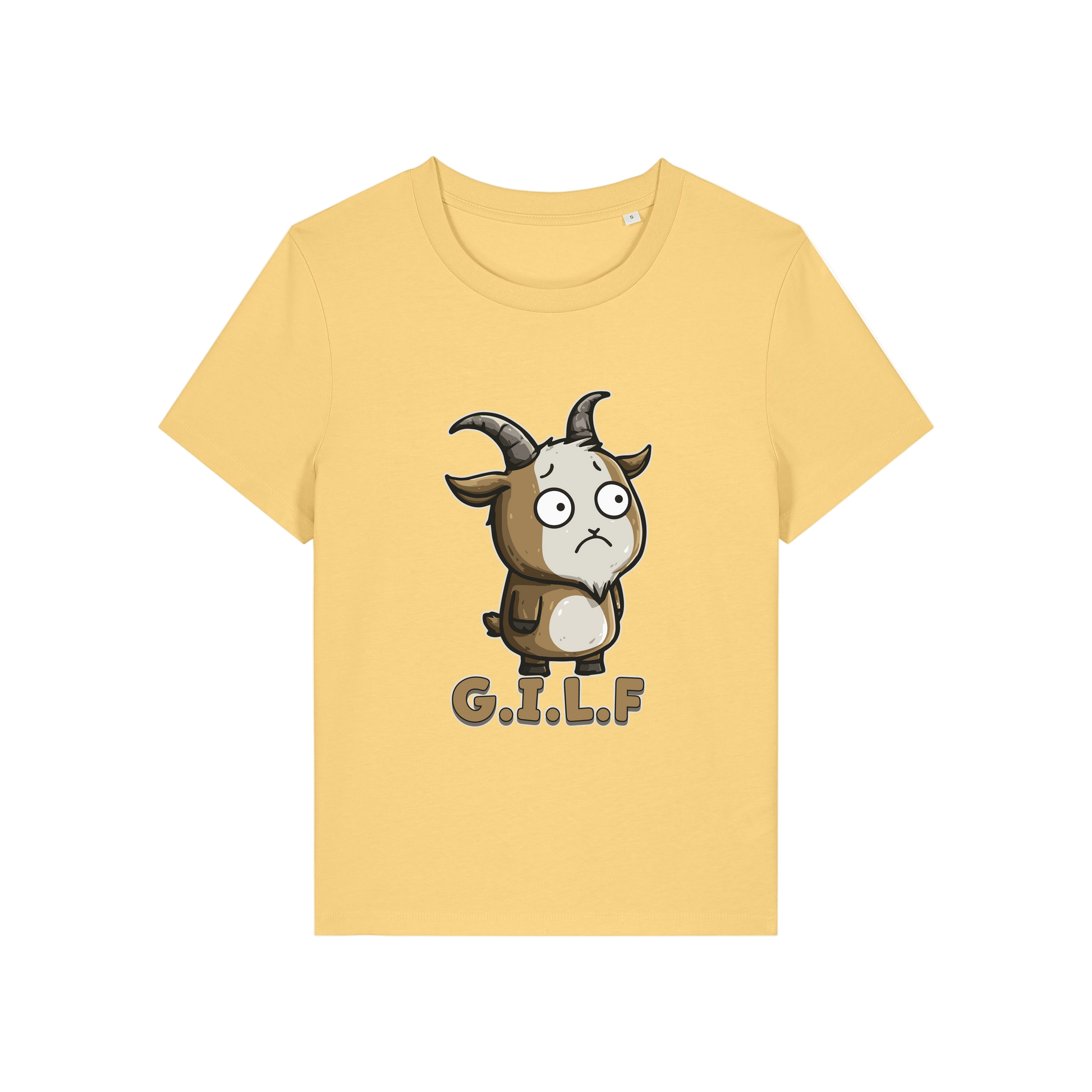 yellow funny animal t-shirt with the graphic of a goat and the slogan 'GILF'