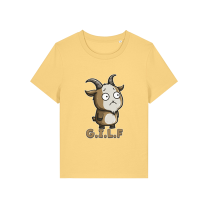 yellow funny animal t-shirt with the graphic of a goat and the slogan 'GILF'