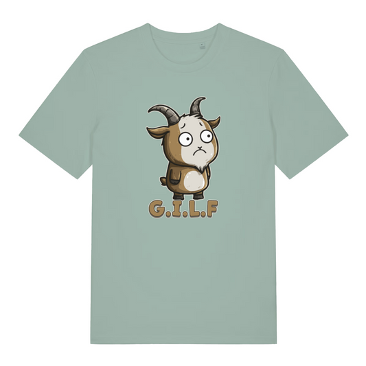 green funny animal t-shirt with the graphic of a cartoon goat and the acronym 'G.O.A.T.'
