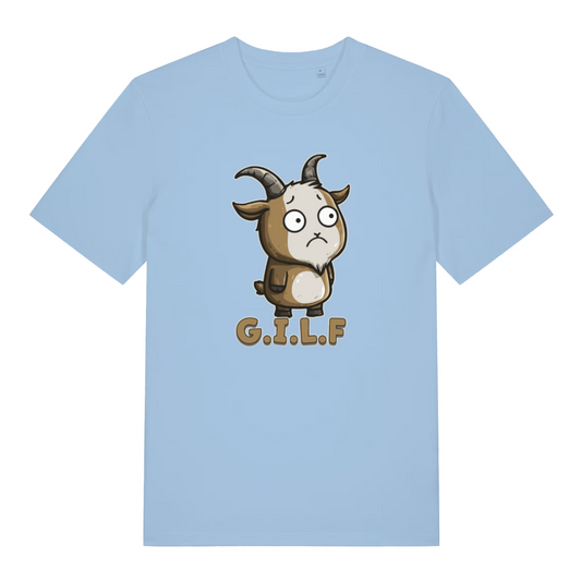 light blue funny animal t-shirt with the graphic of a cartoon goat and the acronym 'G.O.A.T.'