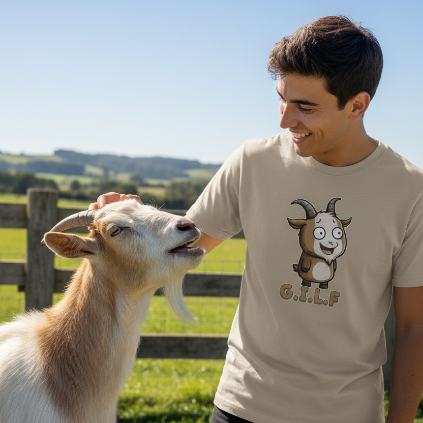 Man wearing a t-shirt with a cartoon goat design, standing next to a goat in an outdoor setting.