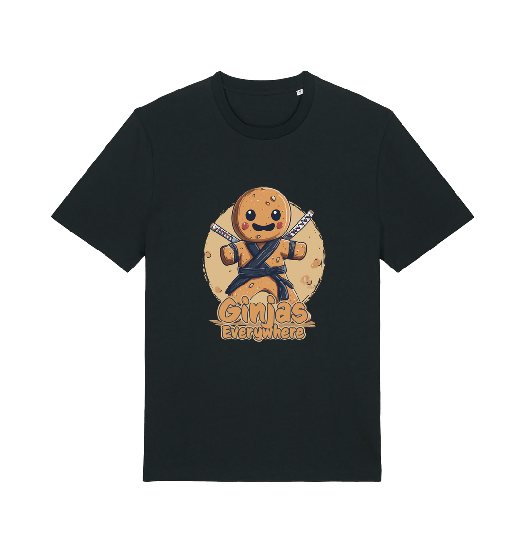 black funny tee with the graphic of a gingerbread man dressed as a ninja and the slogan 'ginjas everywhere'