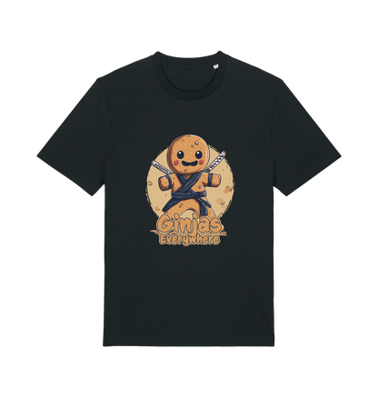 black funny tee with the graphic of a gingerbread man dressed as a ninja and the slogan 'ginjas everywhere'