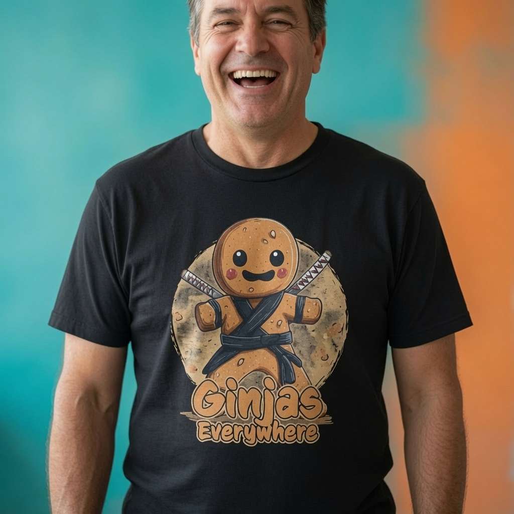 Man smiling while wearing a black Ginjas Everywhere t-shirt featuring a ninja gingerbread man with dual swords, funny mens ginger pun graphic design full of pure attitude