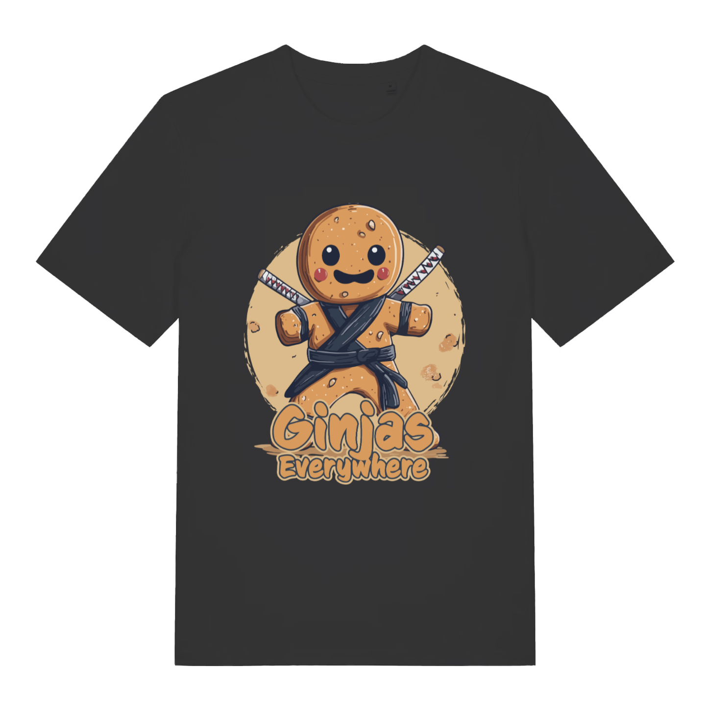 Black Ginjas Everywhere T-shirt flat lay with gingerbread ninja "Ginjas Everywhere" graphic
