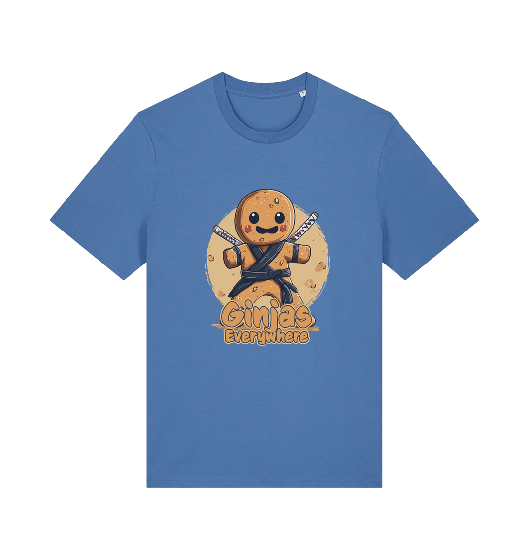 blue funny tee with the graphic of a gingerbread man dressed as a ninja and the slogan 'ginjas everywhere'