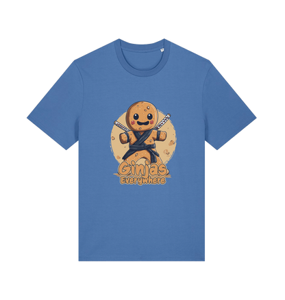 blue funny tee with the graphic of a gingerbread man dressed as a ninja and the slogan 'ginjas everywhere'